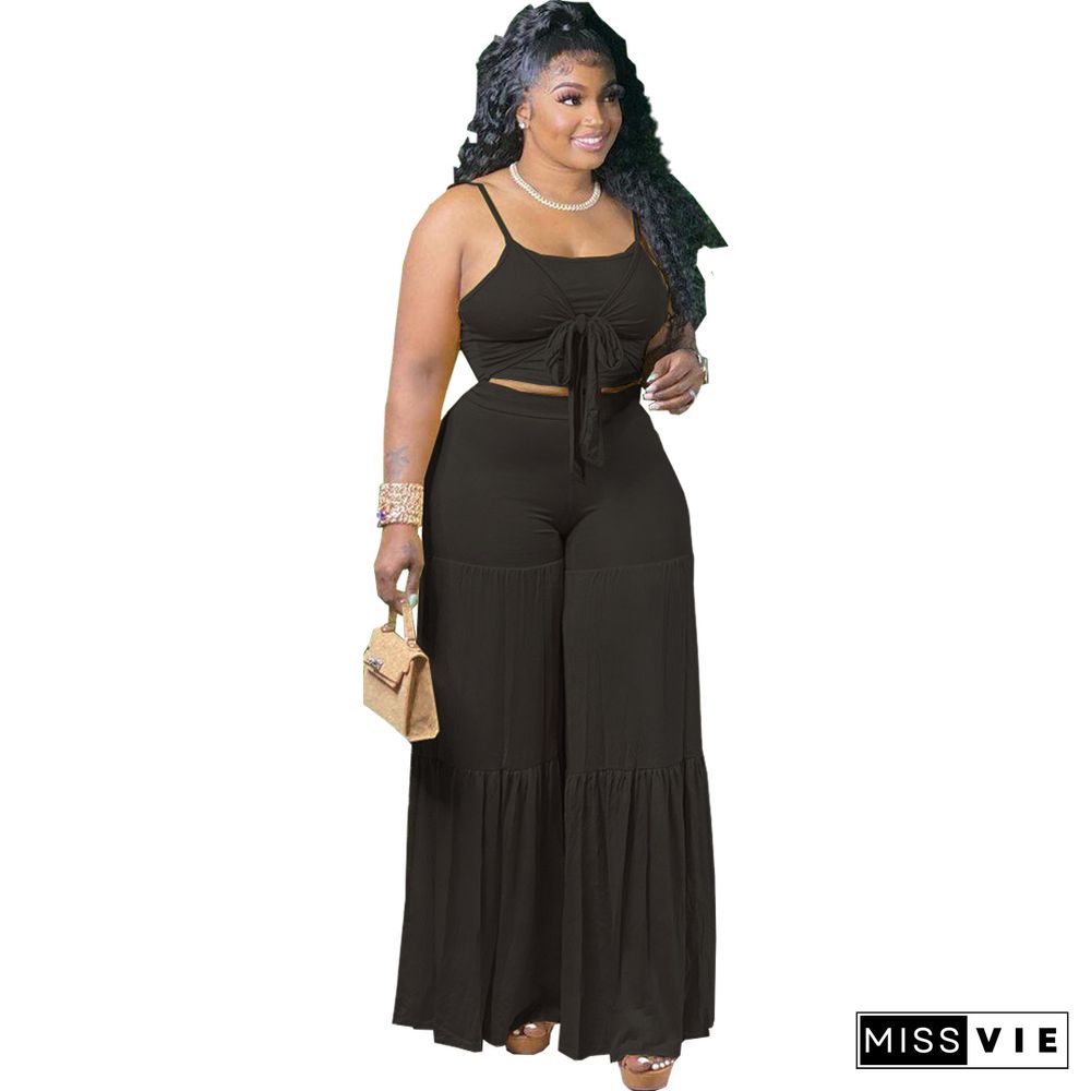 Women Plus Size Solid Color Spaghetti Strap Lace-up Crop Tops Wide Leg Pants Casual Loose 2 Pieces Set