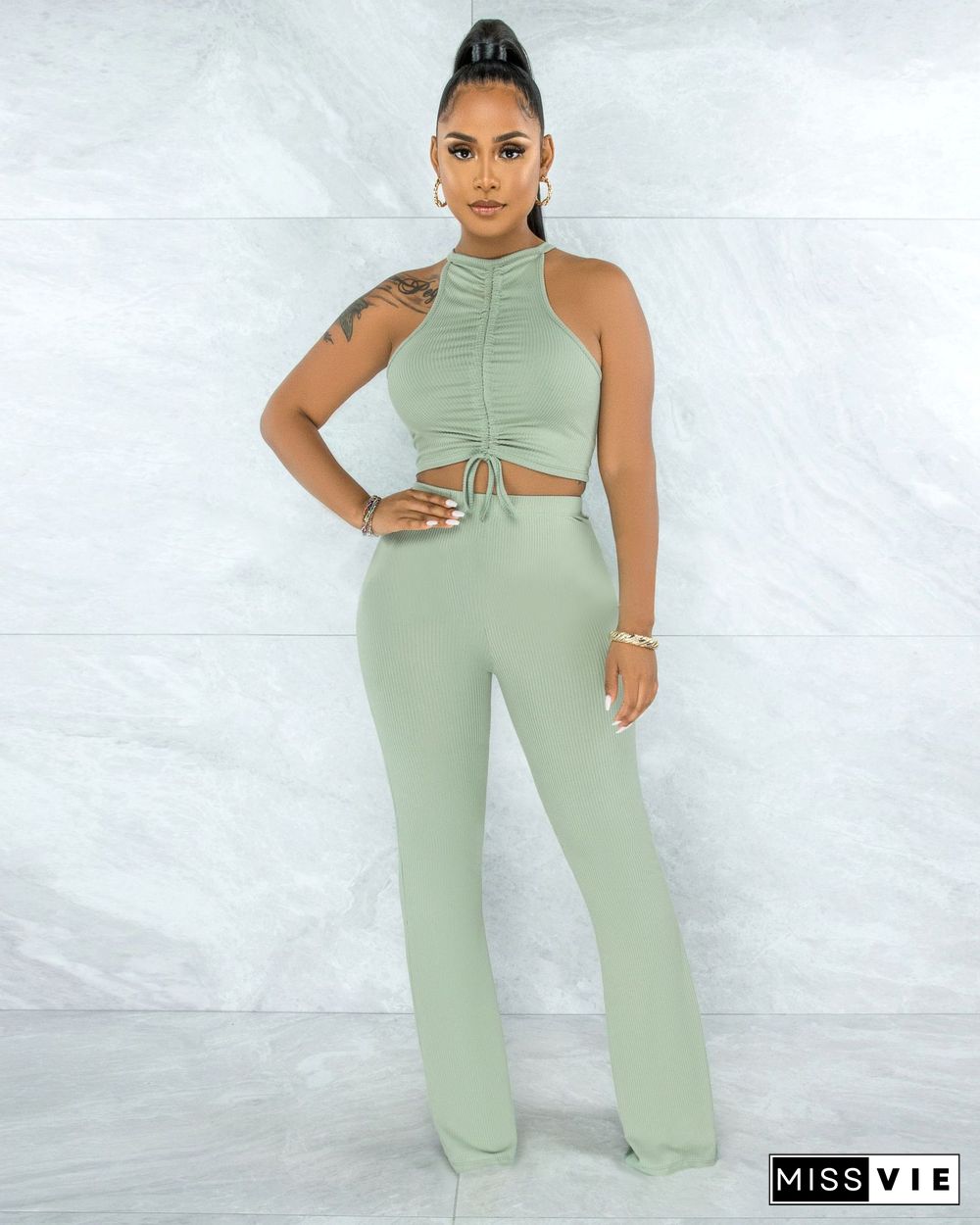 Solid Bandage Sleeveless Crop Top Flare Pants Set