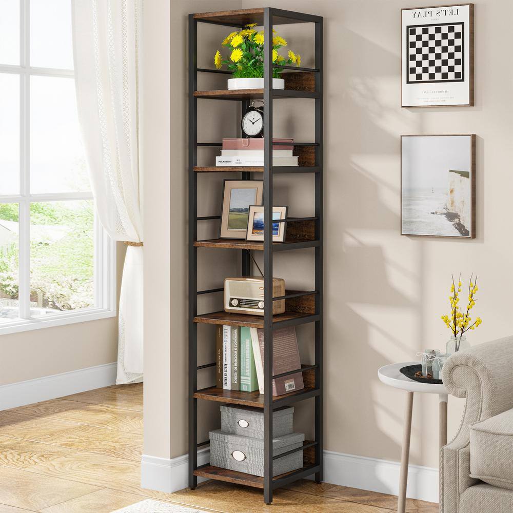 TRIBESIGNS WAY TO ORIGIN Frailey 75 in. Rustic Brown 6-Shelf Tall Narrow Bookcase Bookshelf Storage Rack with Metal Frame for Home Office HD-JW0403-HYF