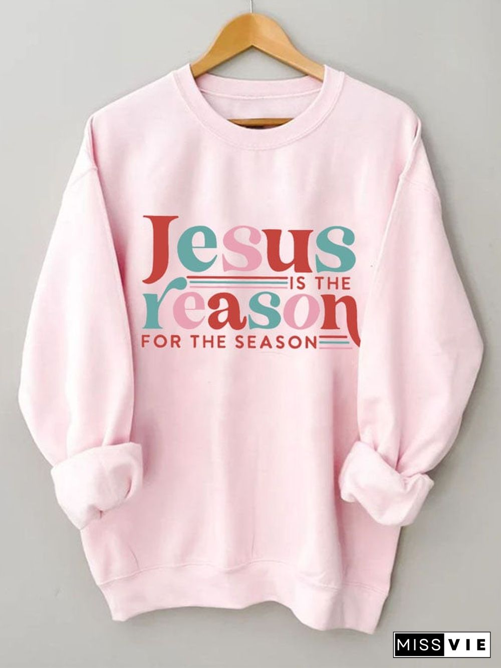 Women's Retro Jesus Is The Reason For The Season Print Long Sleeve Sweatshirt