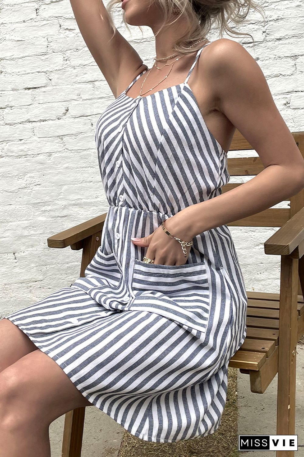 Grey Striped Print Sleeveless Linen Dress with Pockets Wholesale