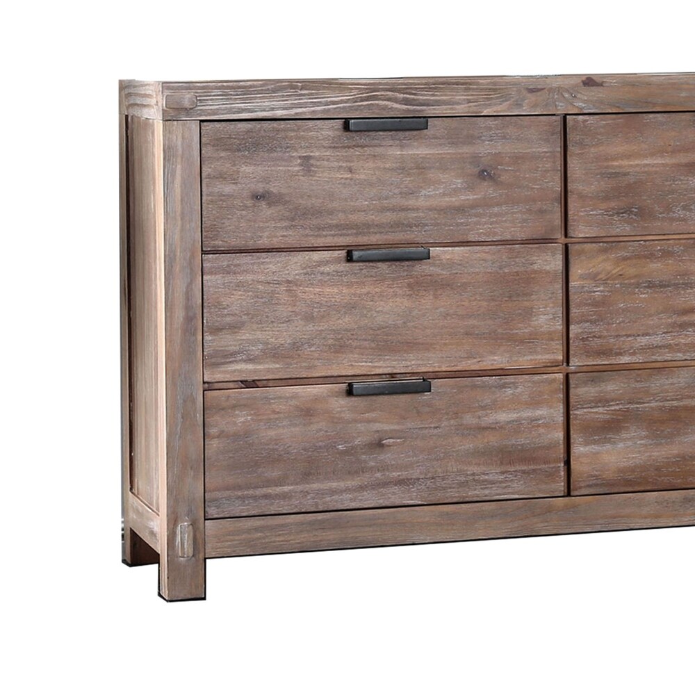 6 Drawer Rustic Style Wooden Dresser with Block Legs  Brown