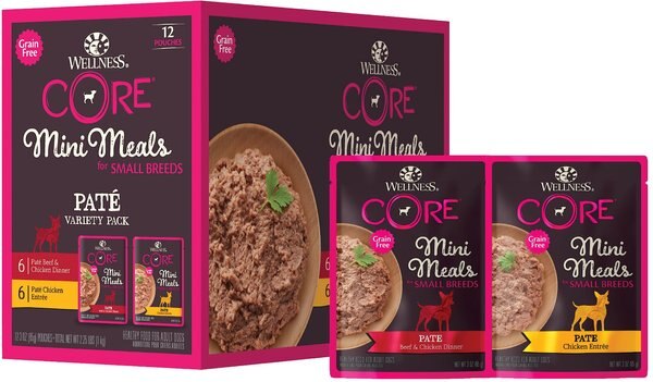 Wellness CORE Mini Meals Beef and Chicken， Chicken Pate Variety Pack Dog Food Pouches