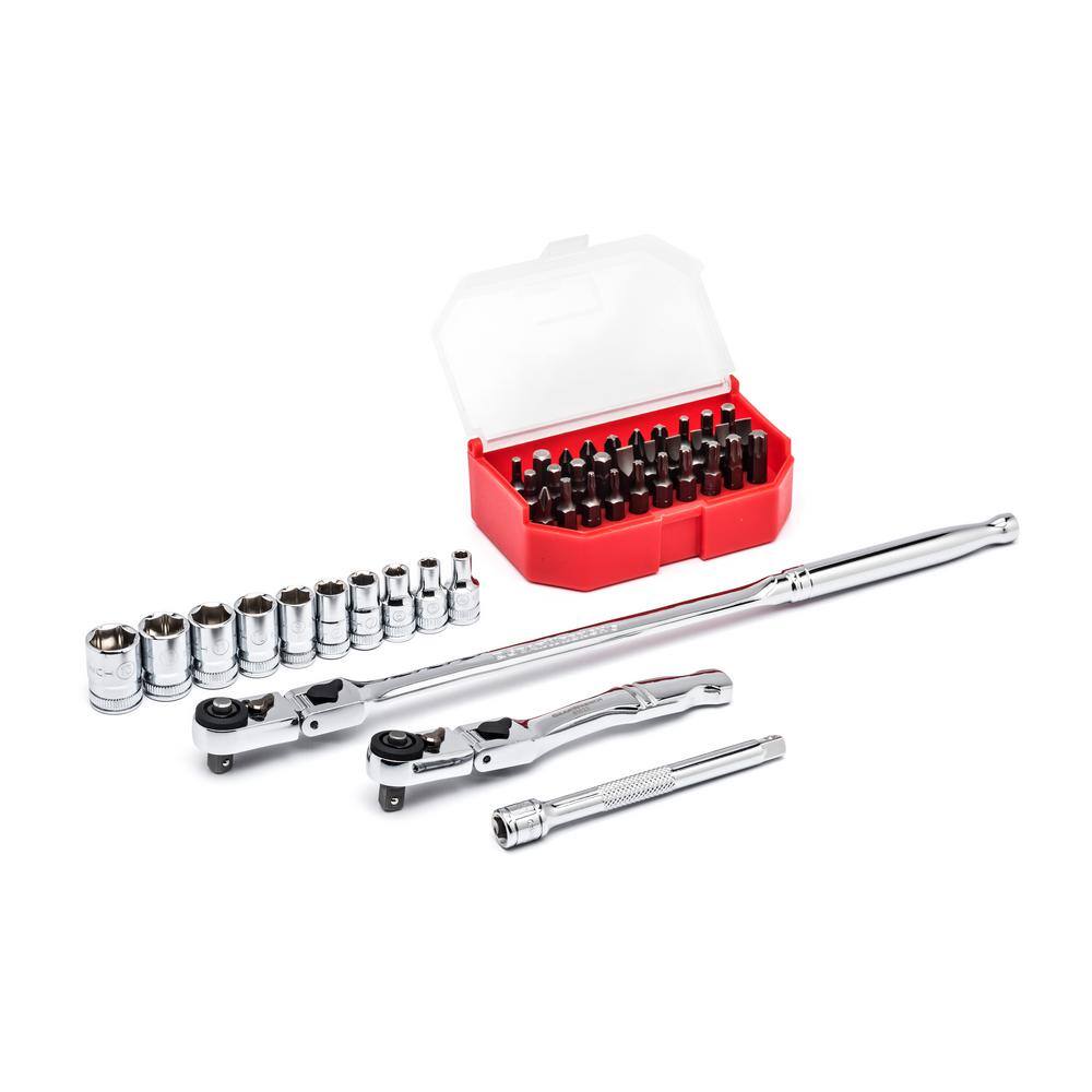 GEARWRENCH 14 in. Drive 6-Point Metric Slim Flex-Head Ratchet and Socket Mechanics Tool Set (45-Piece) 81032