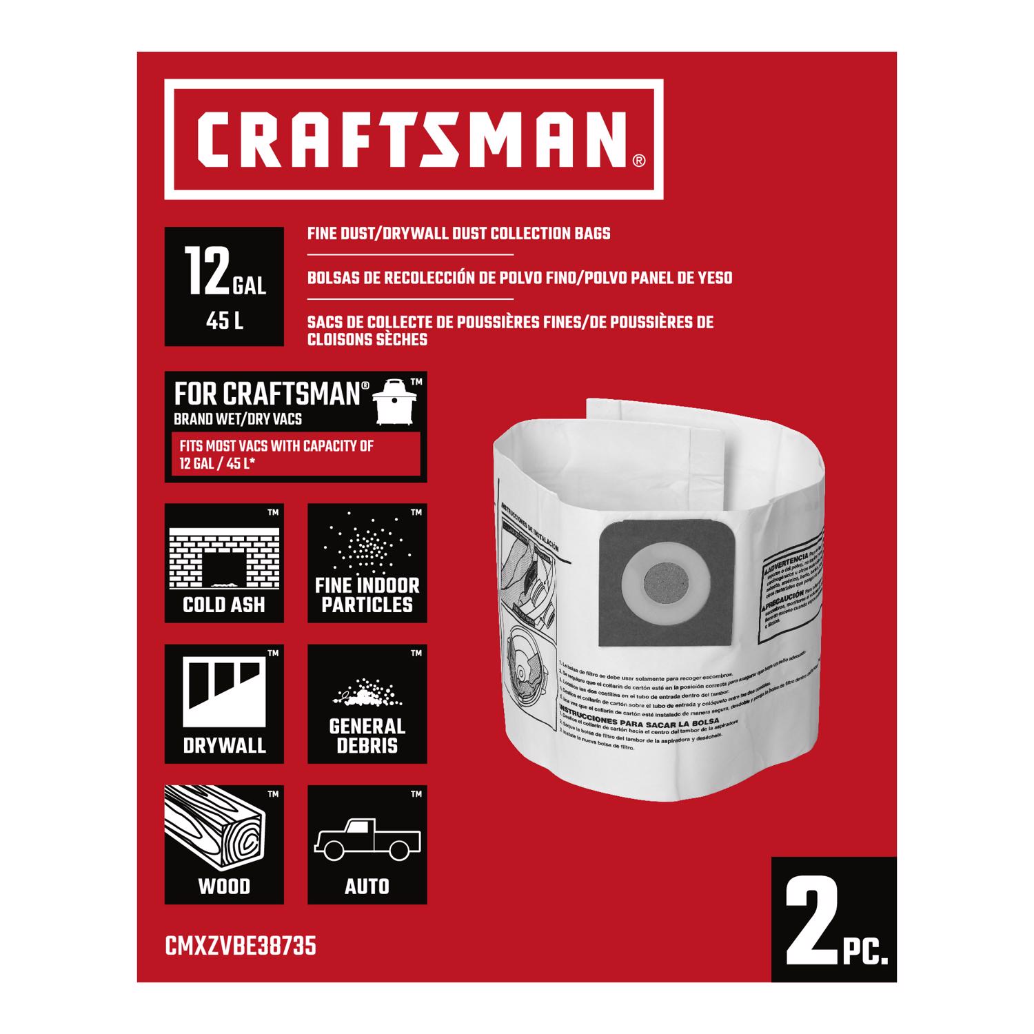 Craftsman 2 in. L X 11 in. W Wet/Dry Vac Dust Bag 12 gal 2 pc