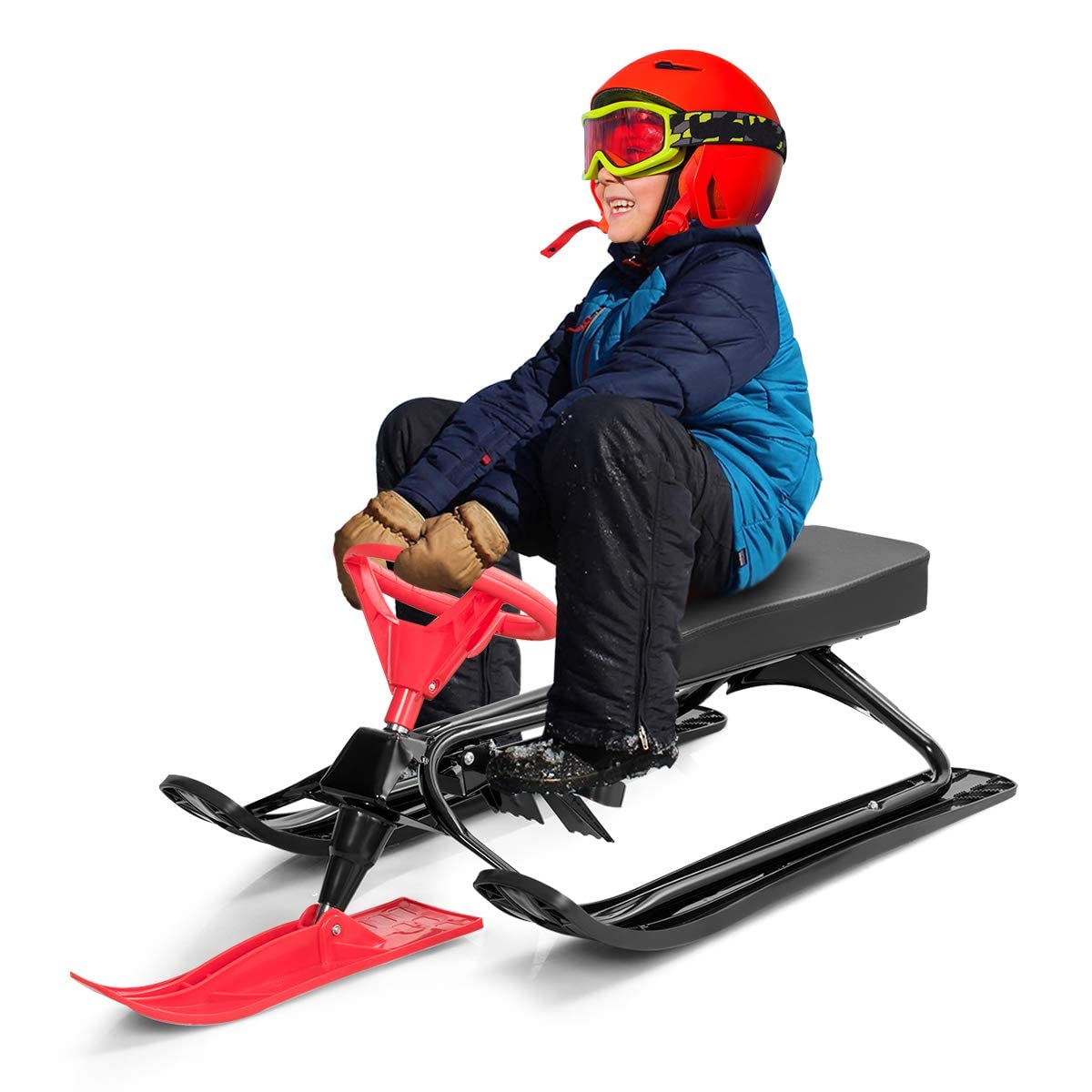 Costzon Snow Racer Sled, Ski Sled with Steering Wheel & Twin Brakes, Durable Steel Frame