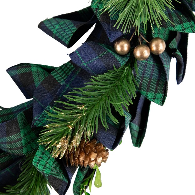 Northlight Blue And Green Plaid Bow Artificial Pine Christmas Wreath 17 75 inch Unlit