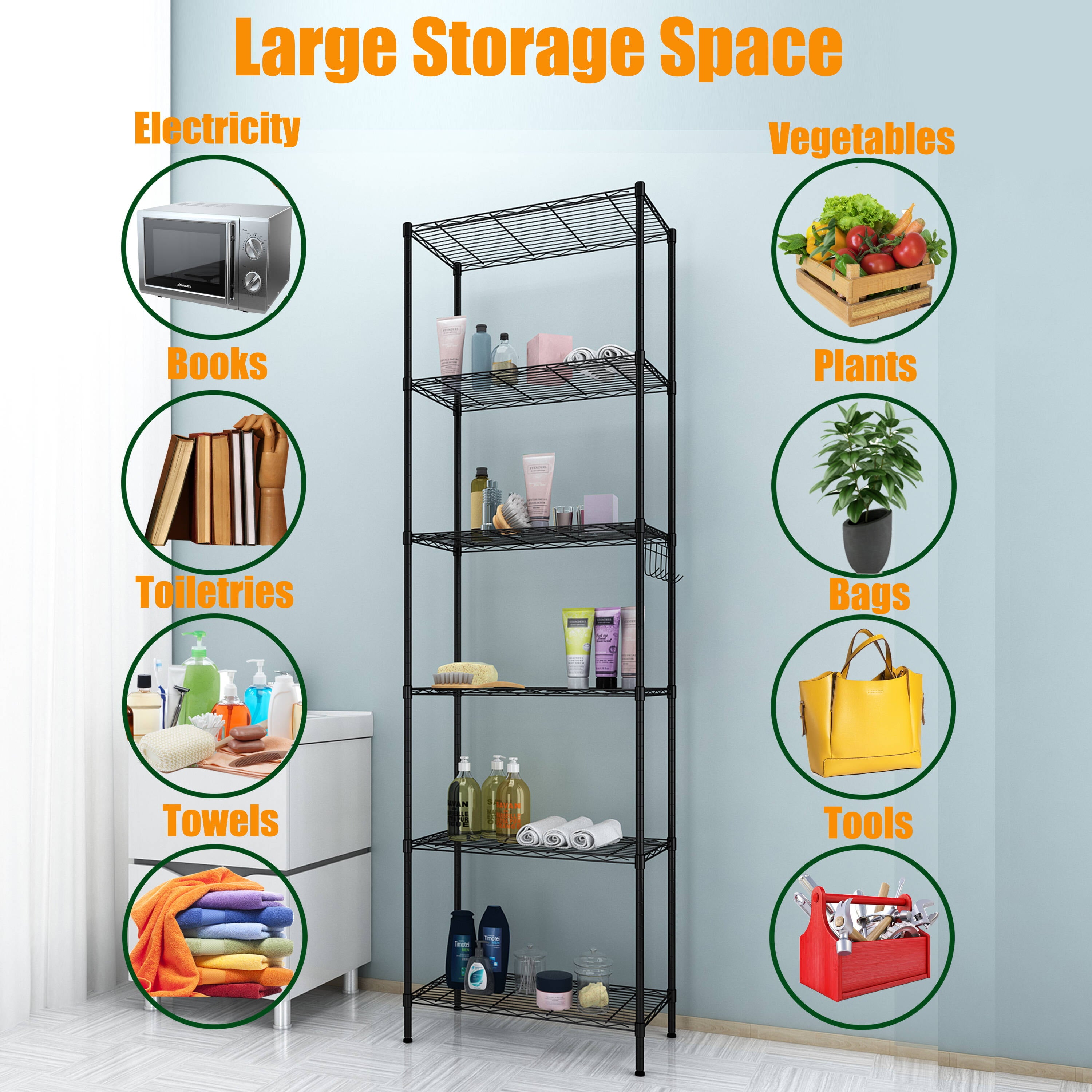 6-Tier Wire Shelving Unit Storage Rack Metal Shelf Organizer with 6 Hooks for Kitchen Bathroom Garage Balcony 21.26