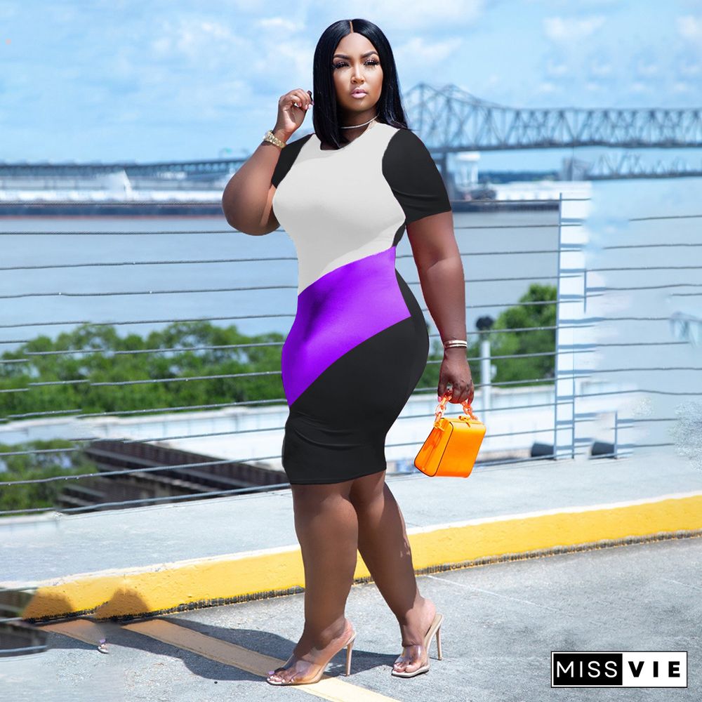 Color Block Short Sleeve Plus Size Pencil Dresses