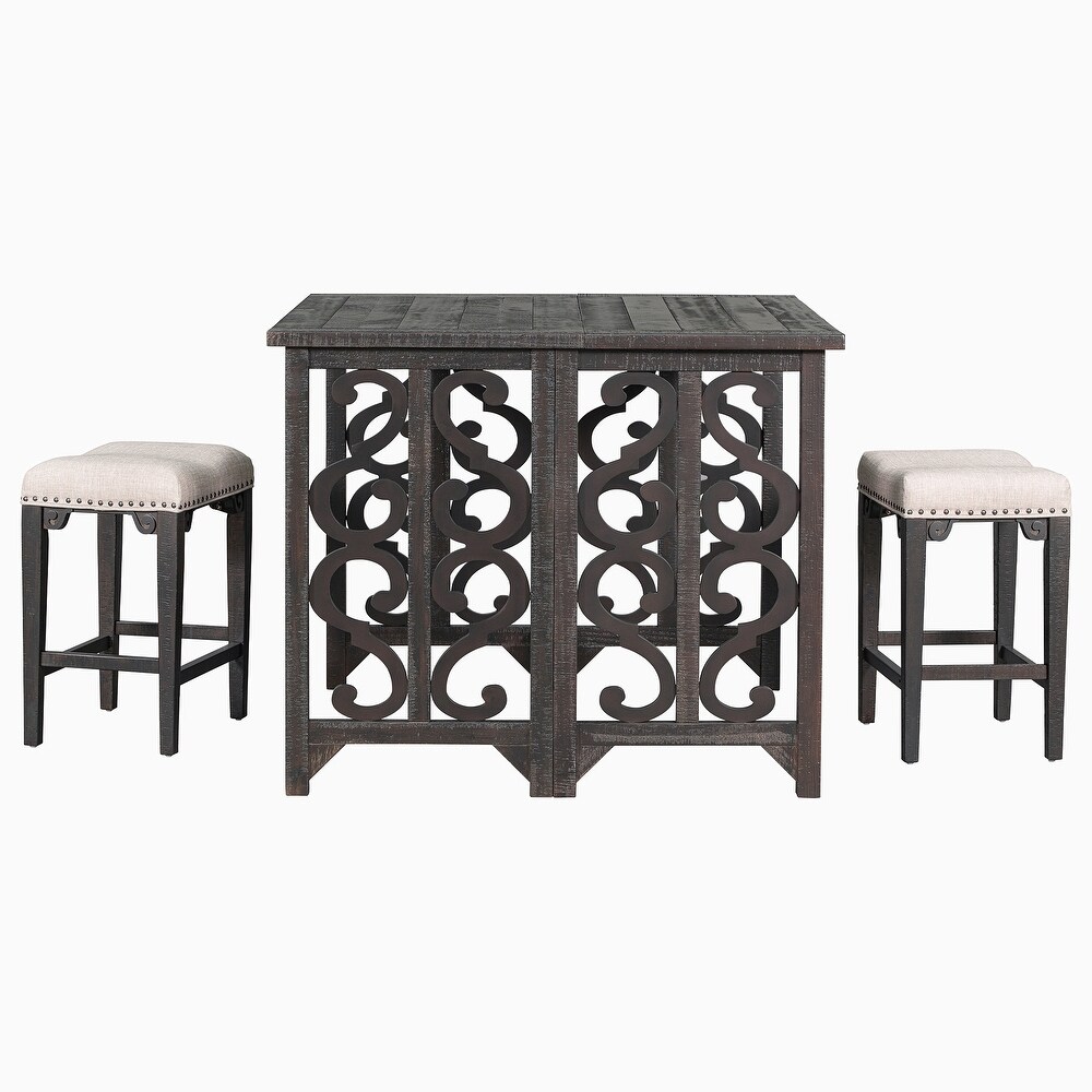 3 Piece Solid Wood Counter Height Dining Set with Foldable Table and 2 Saddle Stools