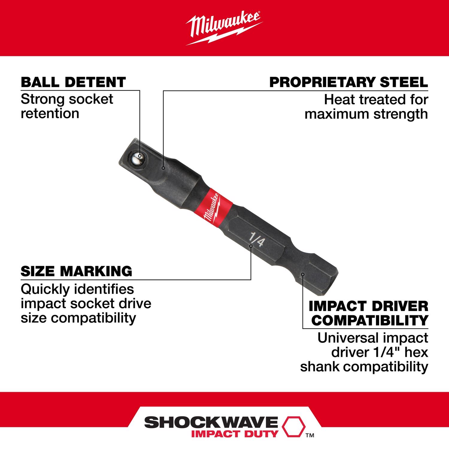 MW Shockwave Square 1/4 in. X 2 in. L Socket Adapter Steel 1 pc