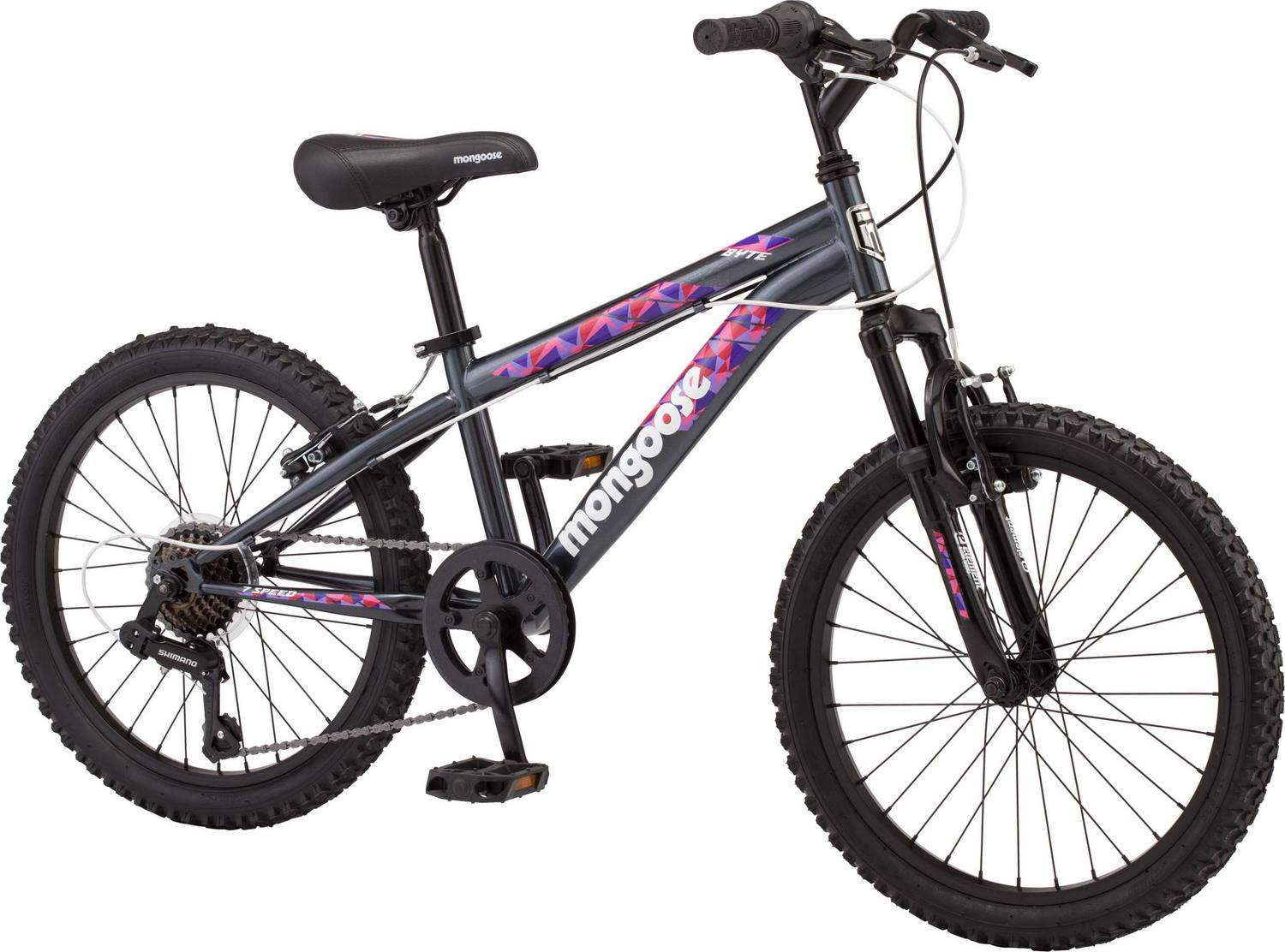 Mongoose Byte Mountain Bike， 20 wheels， 7 speeds， girls frame， ages 6 and up， Grey