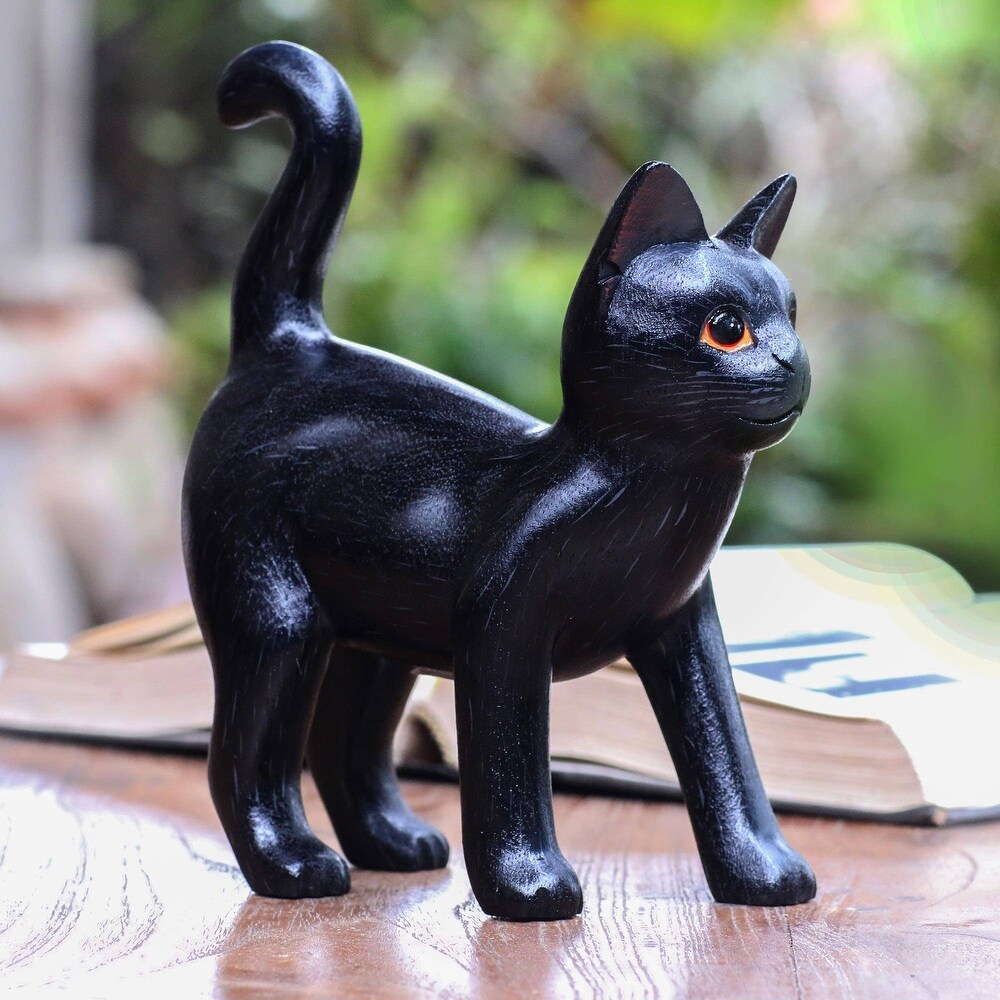 Handmade Curious Kitten In Black Wood Sculpture (Indonesia)   7.25\