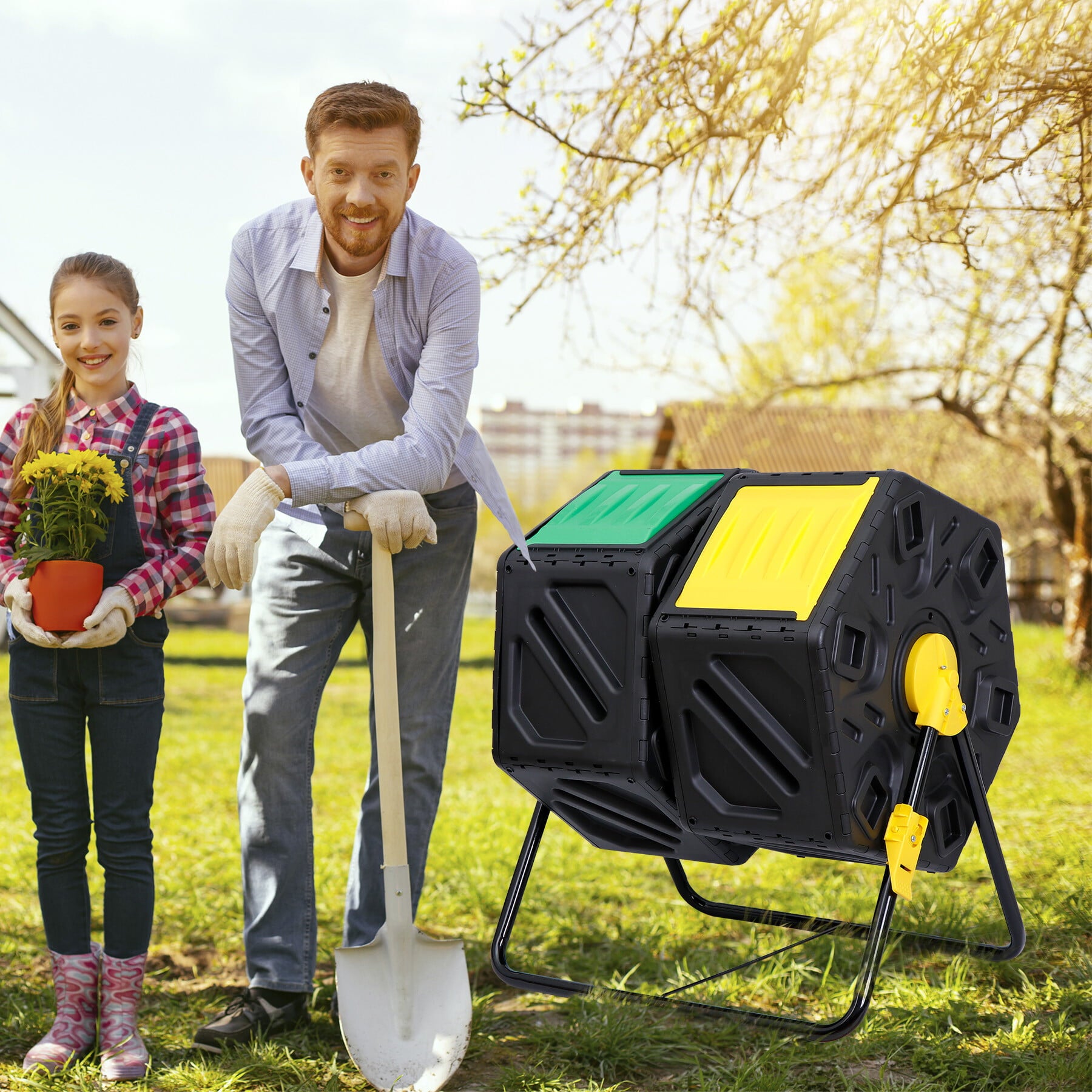 HomGarden 37Gal Dual Chamber Composter Bin Outdoor Tumbler BPA-Free Steel Frame