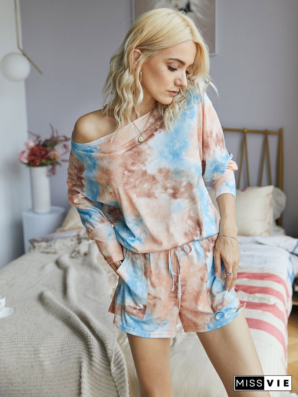 Long Sleeve Tie Dye Shorts Jumpsuit