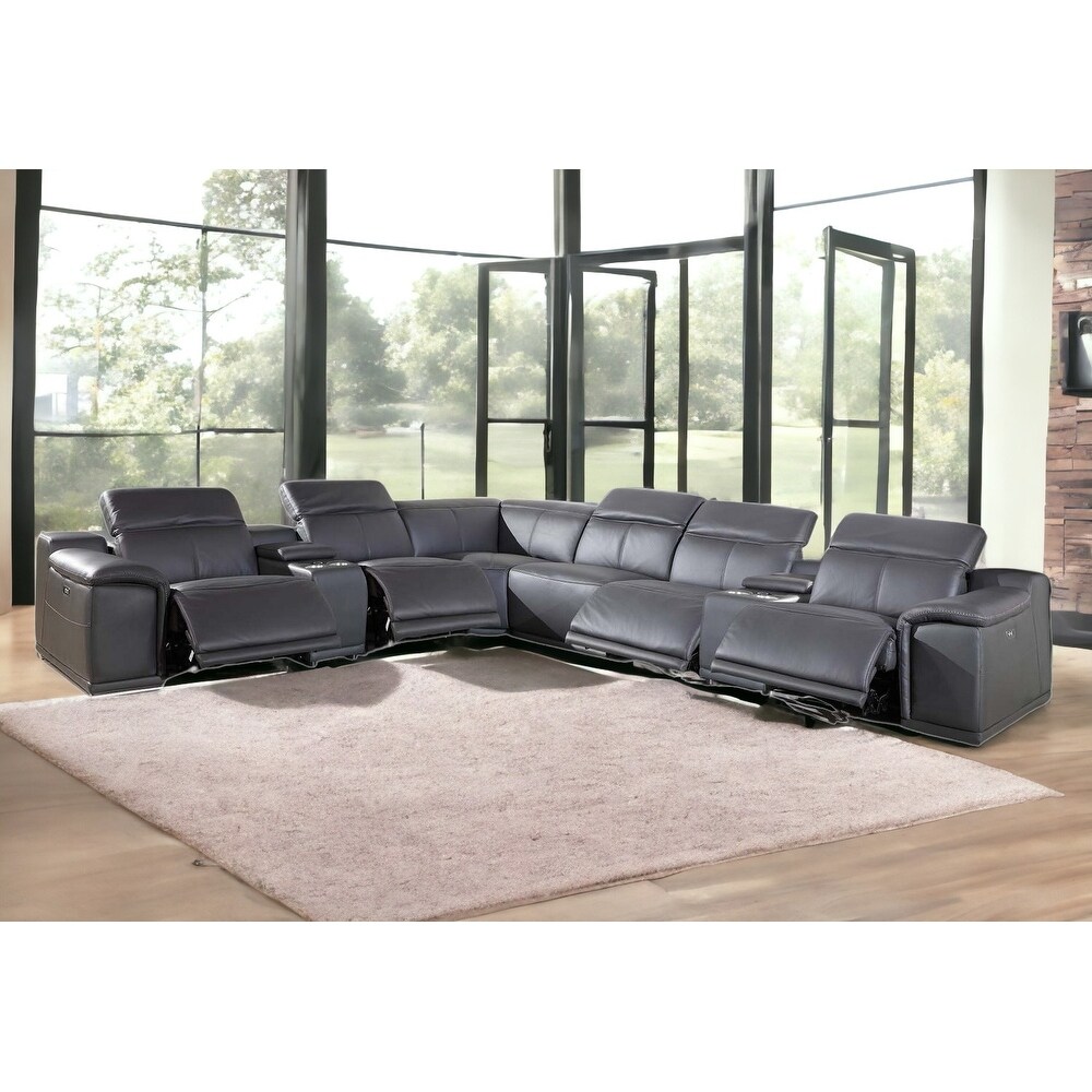 HomeRoots Gray Italian Leather Power Reclining U Shaped Eight Piece Corner Sectional With Console   267