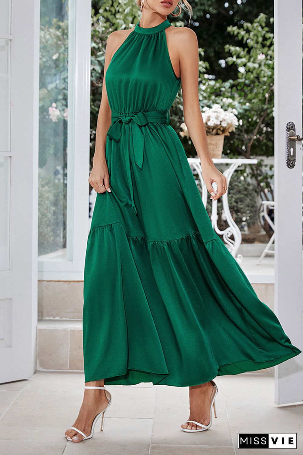 Silky Plain Halter Tiered Maxi Dress