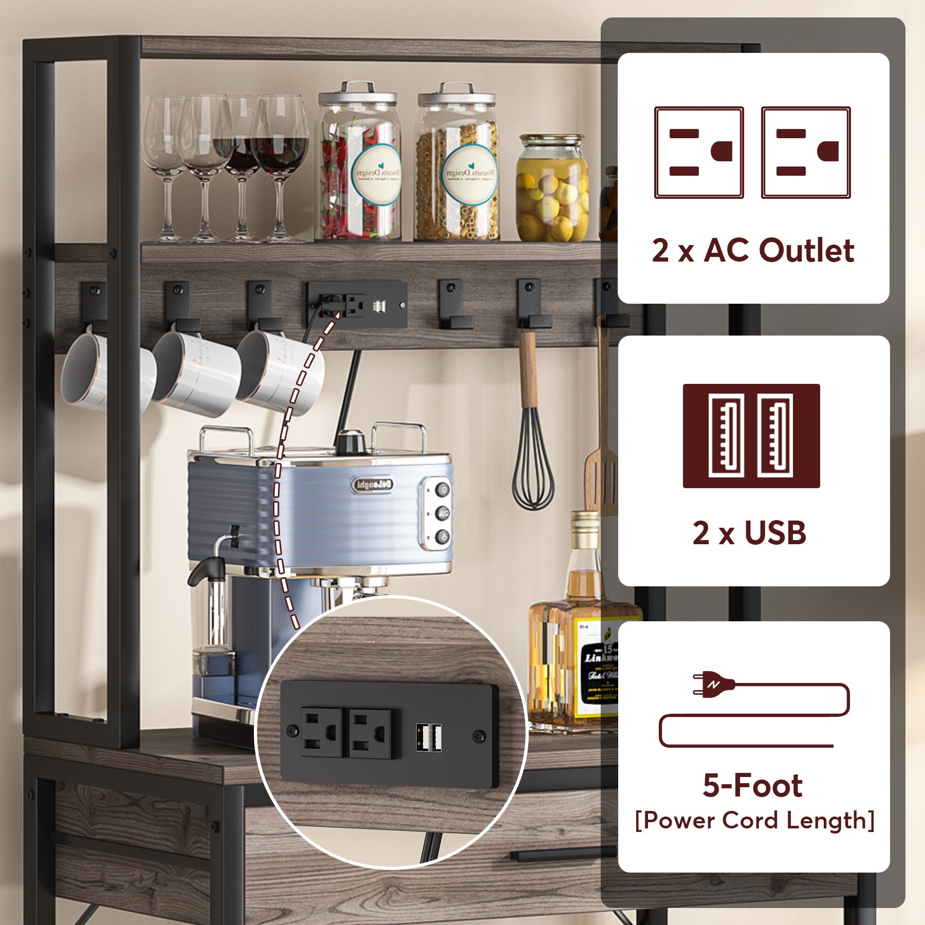 Tribesigns Kitchen Bakers Rack with Power Outlets， 5-Tier Microwave Oven Stand with Drawer and Sliding Shelves， Freestanding Coffee Bar， Kitchen Storage Shelf Organizer with 6 Hooks， Retro Gray