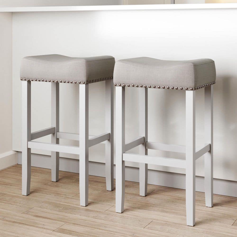 Nathan James Hylie 29 in. Gray Fabric Cushion White Finish Nailhead Wood Pub-Height Counter Bar Stool ( Set of 2) 21401-2