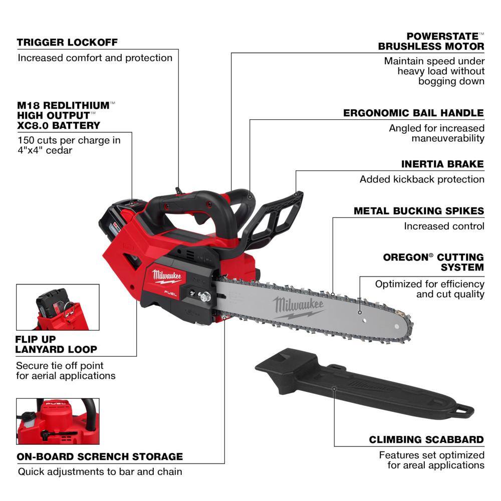 MW M18 FUEL 14 in. Top Handle 18-Volt Lithium-Ion Brushless Cordless Chainsaw w16 in. Chainsaw 12.0  8.0 Ah Battery 2826-21T-2727-21HD