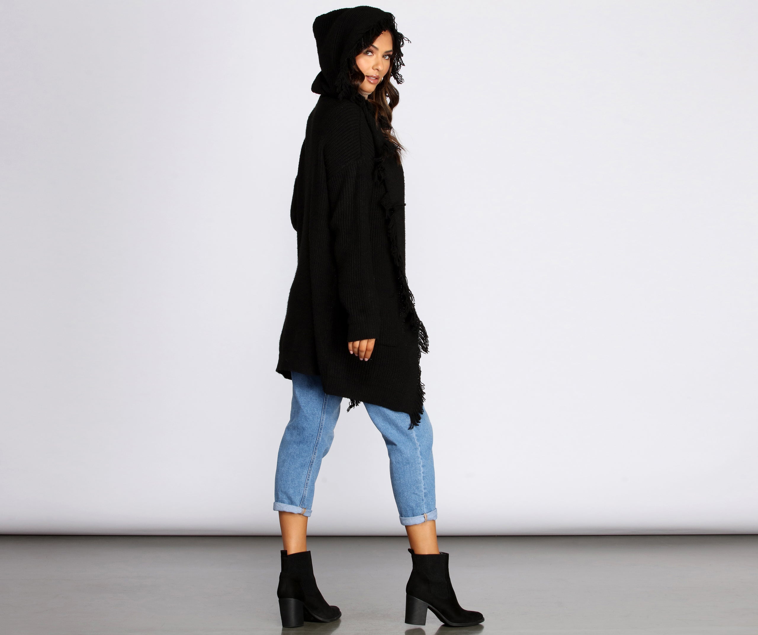 Fringe Hem Hooded Cardigan