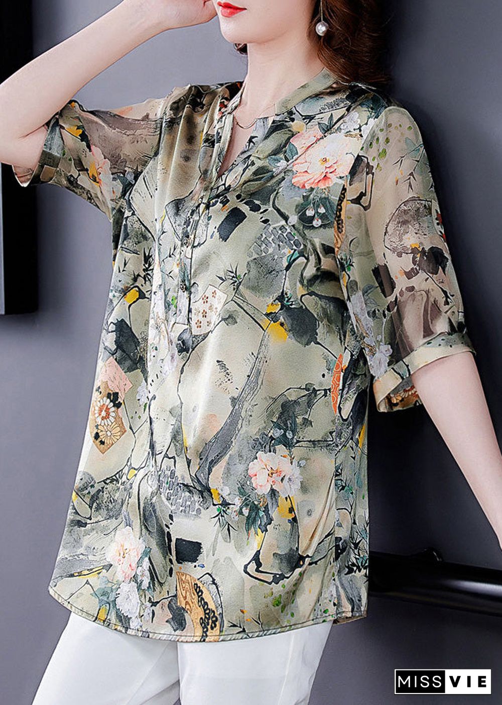 Fashion V Neck Print Button Silk Shirts Short Sleeve