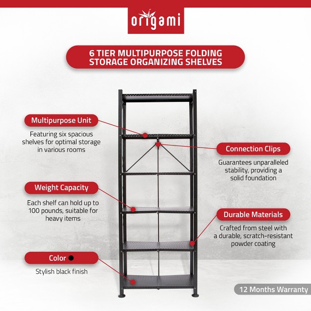 Origami 6 Tier Classic Stamped Steel Bookcase Organizer Storage Rack Black