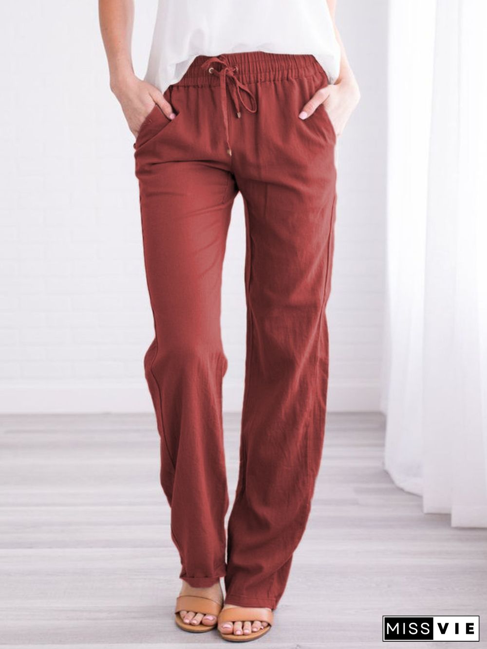 Solid Color Loose Drawcord Casual Wide Leg Pants