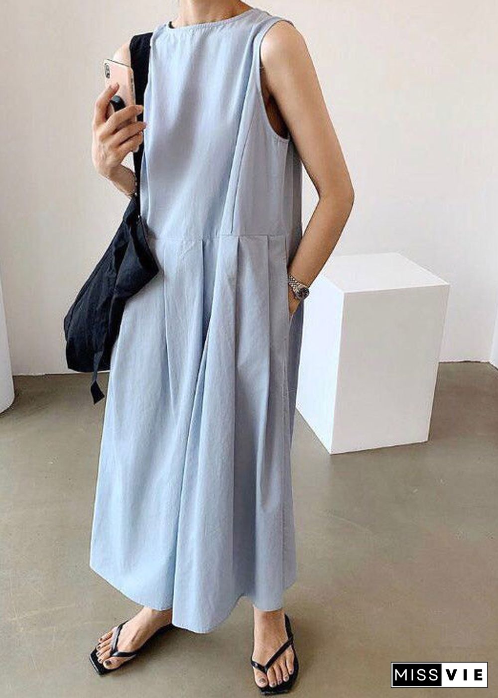 Blue V Neck Patchwork Cotton Maxi Dresses Summer