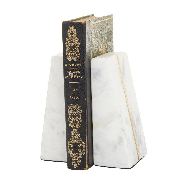 Set Of 2 Marble Geometric Bookends With Gold Inlay White Cosmoliving By Cosmopolitan