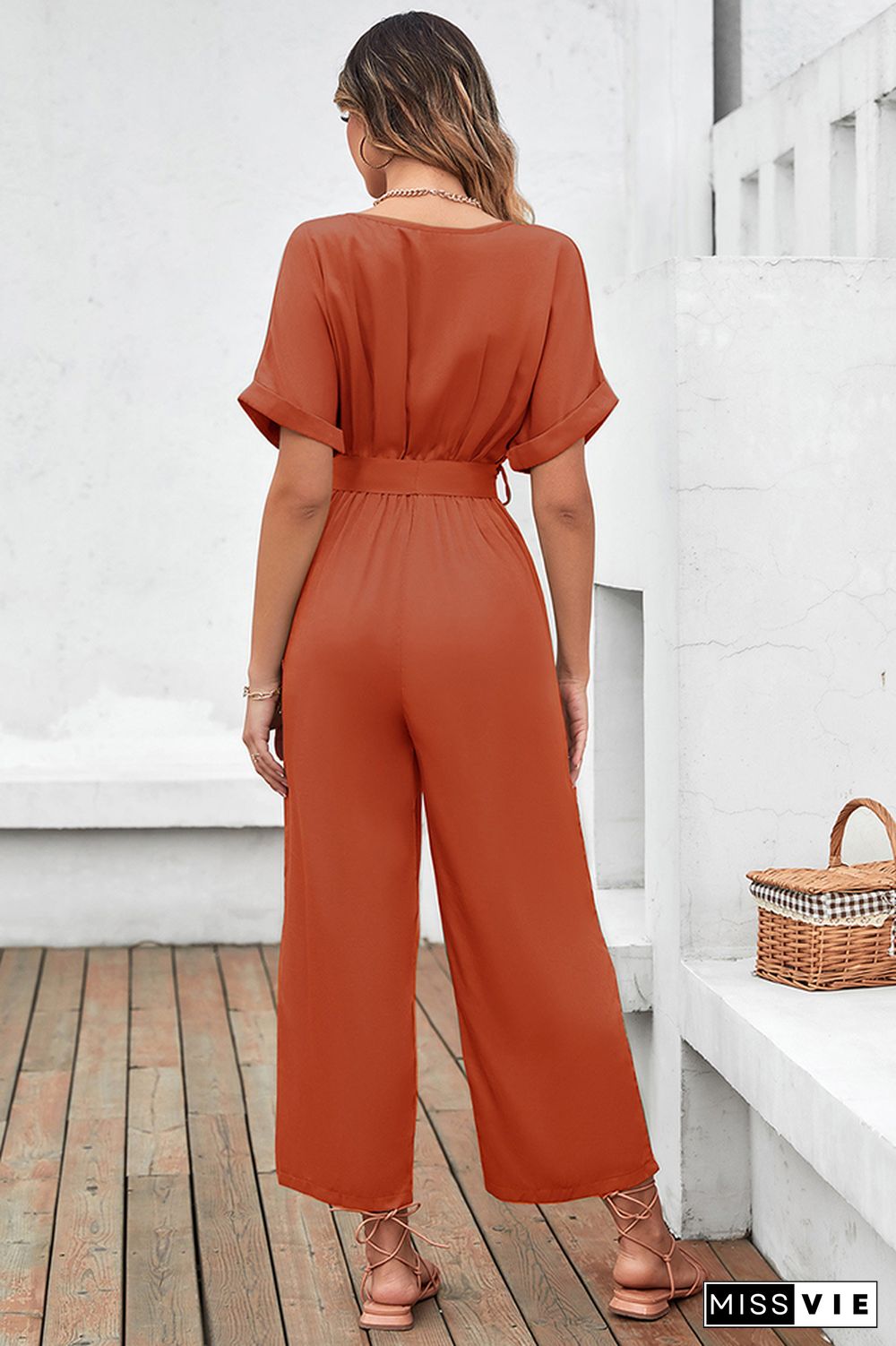 Solid Color Short Sleeve Long Pants Jumpsuit Wholesale