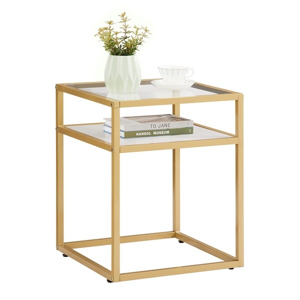 Tempered Glass Top Side Table， 2-Tier End Table