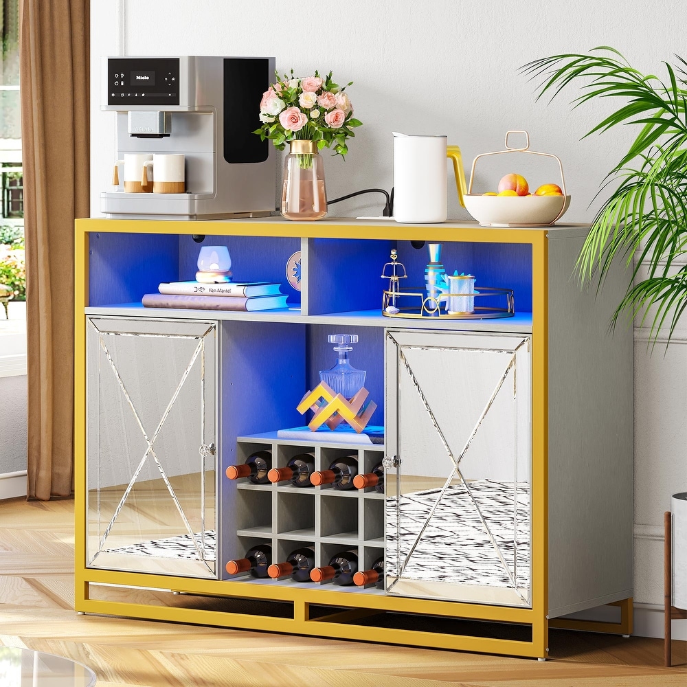 Moasis Sideboard Mirrored Buffet with Wine Rack and Power Outlet