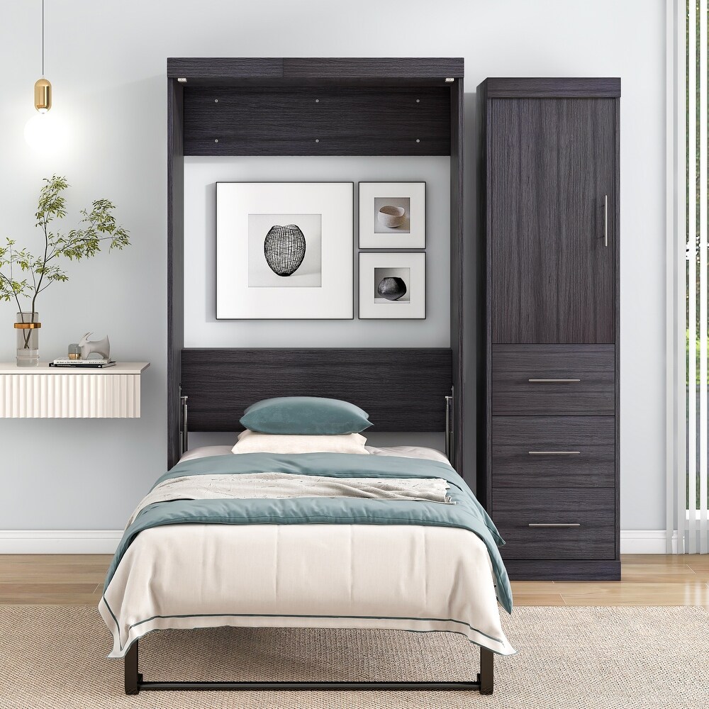 Murphy Bed with Wardrobe and 3 Storage Drawers  Pine Wood Multifunctional Storage Wall Bed  Can be Folded into A Cabinet