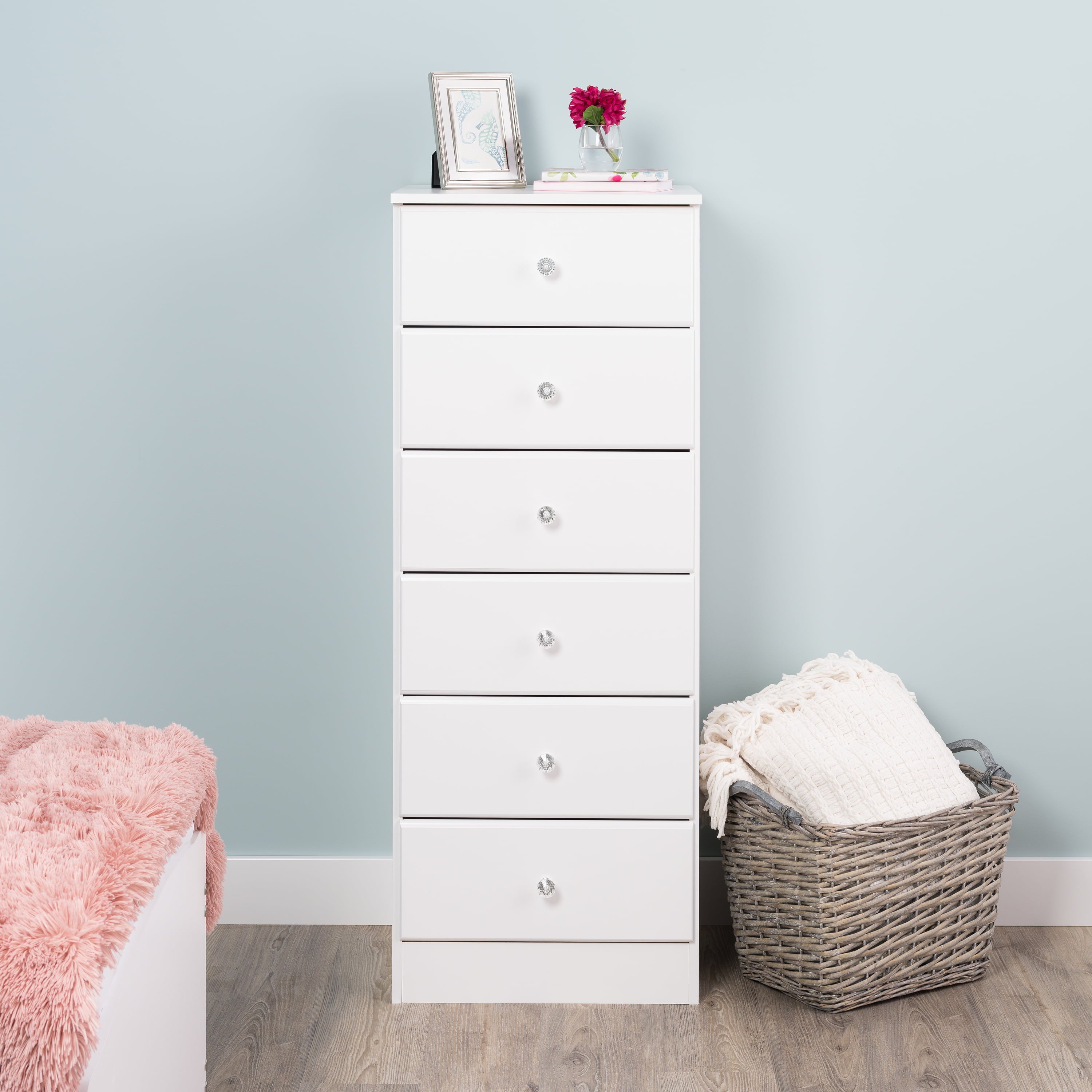 Prepac Astrid 6 Drawer Tall Dresser with Acrylic Knobs, White