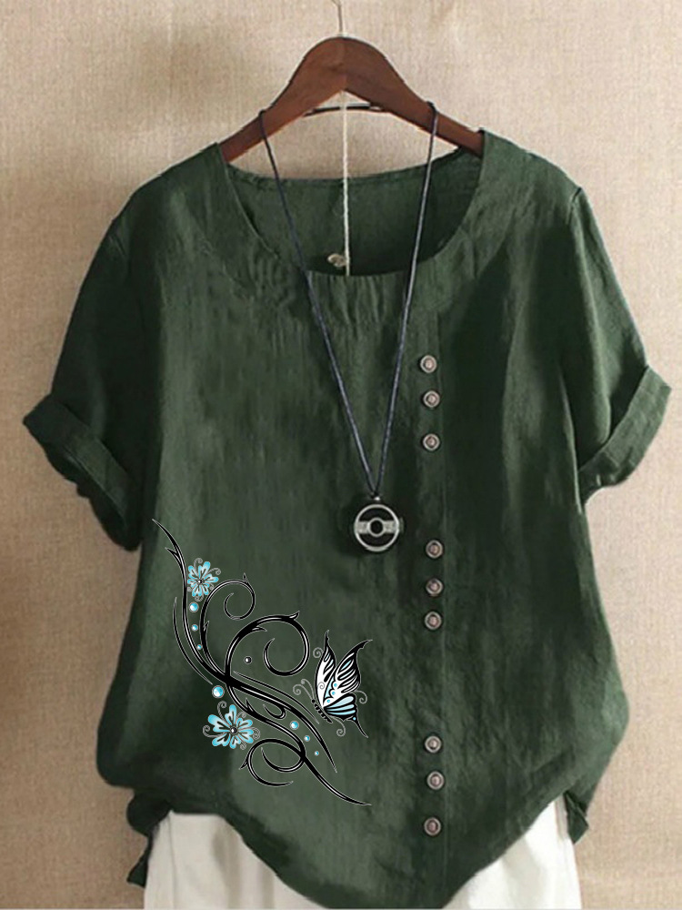 Round Neck Casual Loose Butterfly Print Short Sleeve Blouse