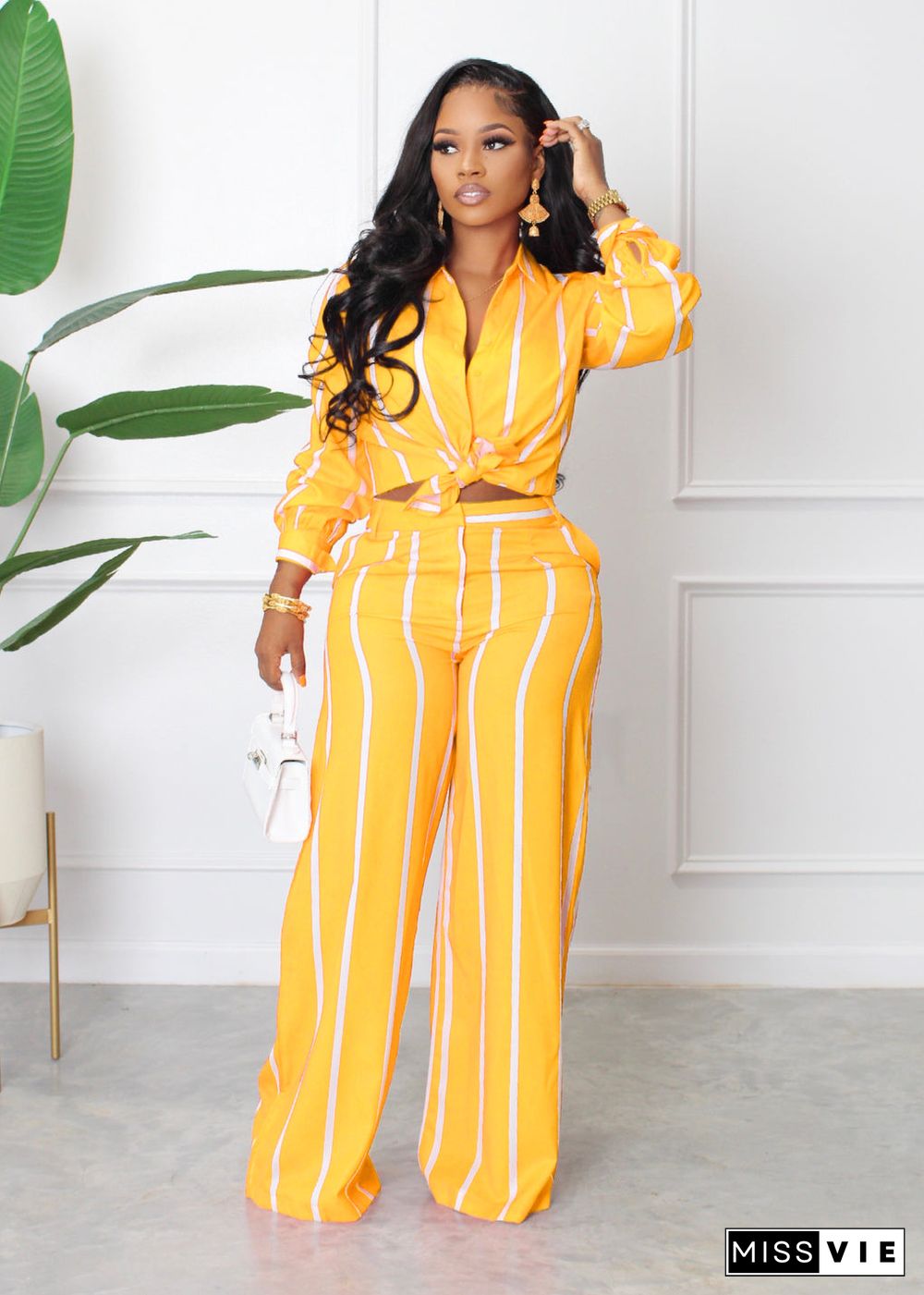 Striped Print Shirt and Wide Leg Pants 2 Piece Set