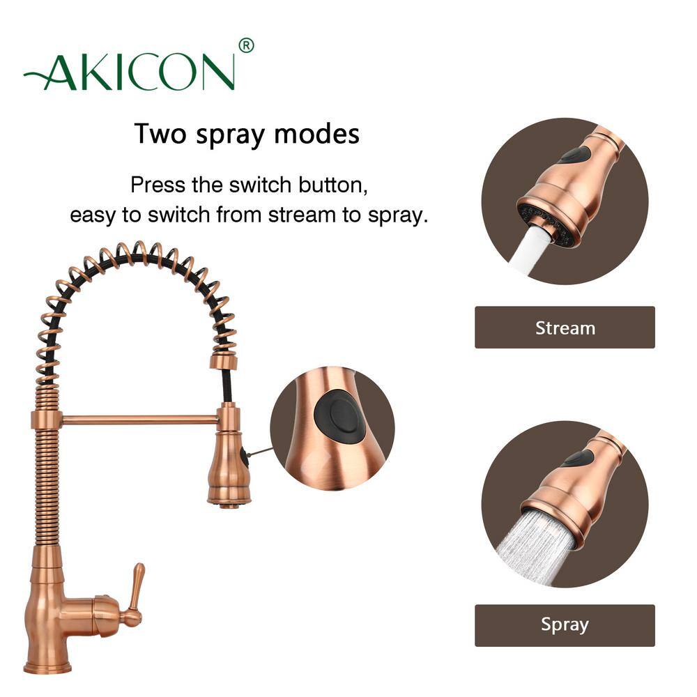 Akicon Single-Handle Pre-Rinse Spring Pull-Down Sprayer Kitchen Faucet in Copper AK518A-C