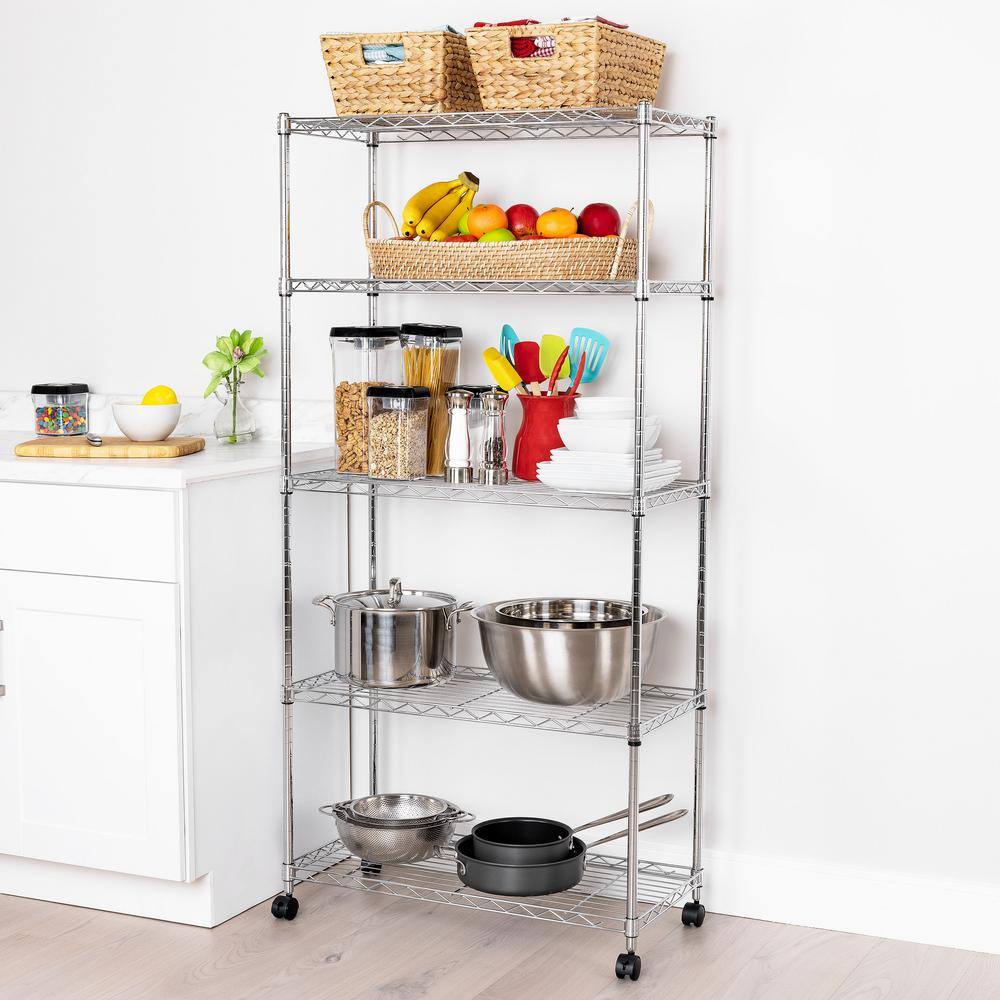 Seville Classics Silver 5-Tier Steel Wire Shelving Unit with Wheels (30 in. W x 60 in. H x 14 in. D) WEB930