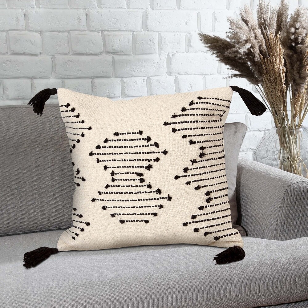 18 x 18 Square Cotton Accent Throw Pillow  Abstract Line Art  Bohemian Style Tassels  Set of 2  White  Black