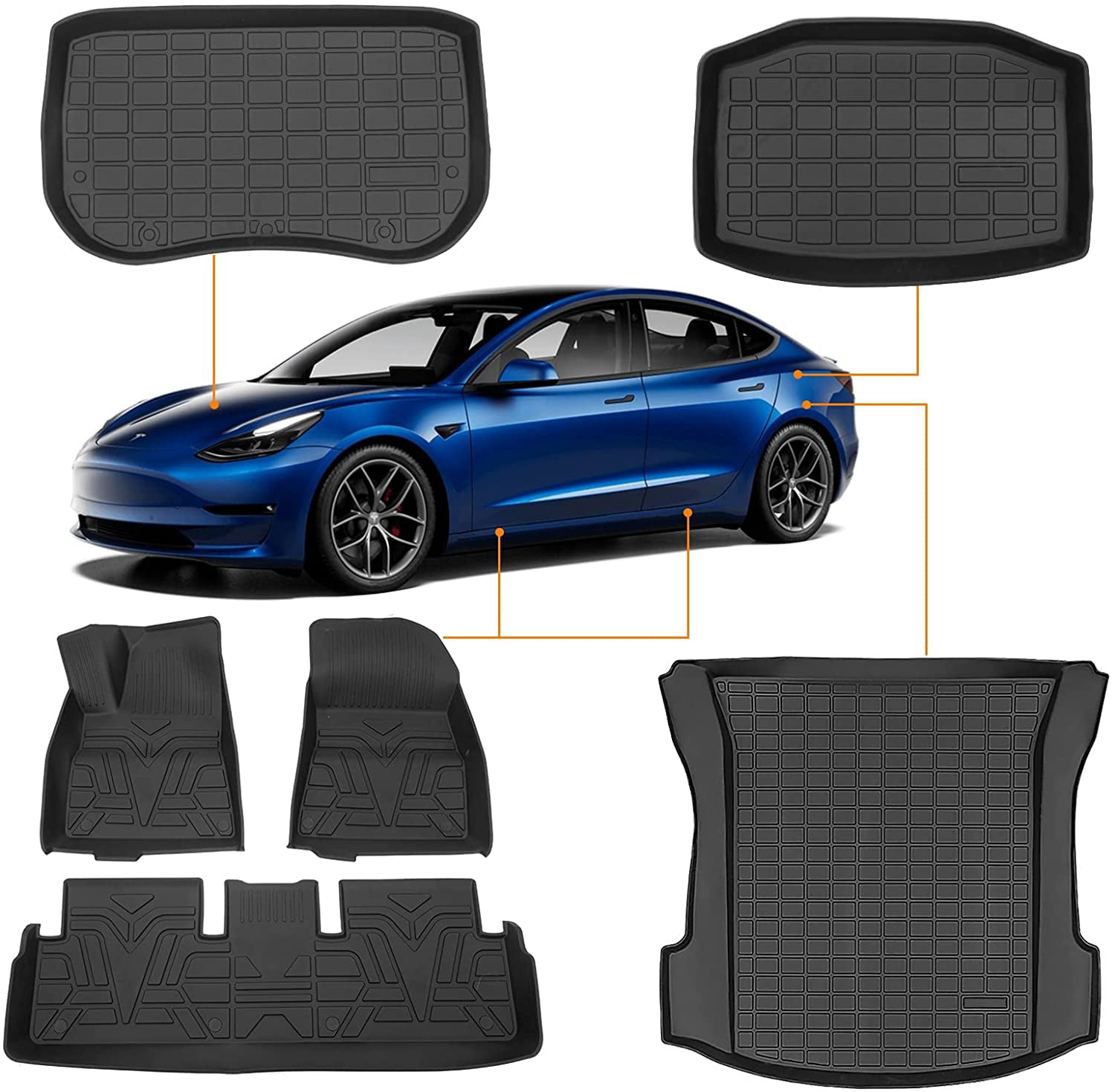 Fit 2021 2022 2023 Tesla Model 3 Frunk Mat Front Trunk Mats Cargo Liner Floor Mats All Weather Tesla Model 3 Accessories (Set of 6 Mats 2021+)