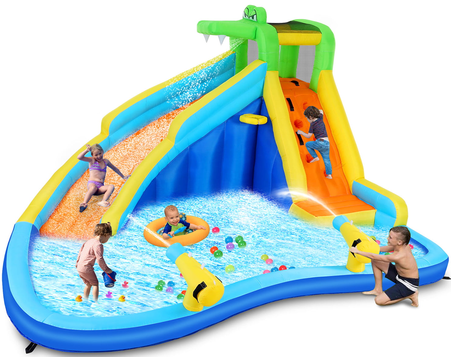 Inflatable Bounce House with Spray Pool, 2 Water Guns, Climbing Wall, Basketball Hoop, and Inflatable Water Slide with UL Air Blower, for Wet and Dry  Bouncy House(Gift for Kids)