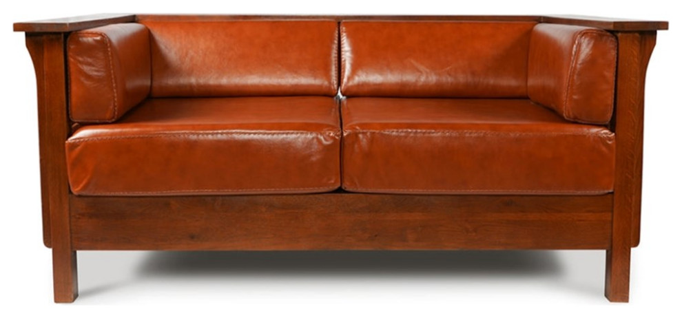 Arts and Crafts / Craftsman Cubic Slat Side Love Seat   Russet Brown Leather (RB   Craftsman   Loveseats   by Homesquare  Houzz