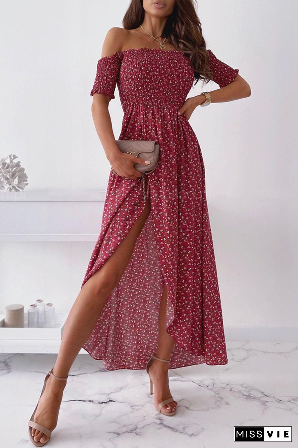 Elegant Floral Slit Fold Off the Shoulder Waist Skirt Dresses