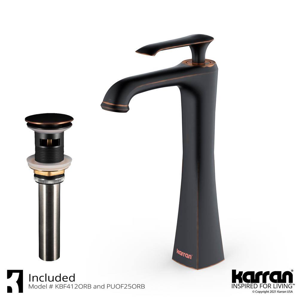 Karran Woodburn Single Handle Single Hole Vessel Bathroom Faucet with Matching Pop-Up Drain in Oil Rubbed Bronze KBF412ORB