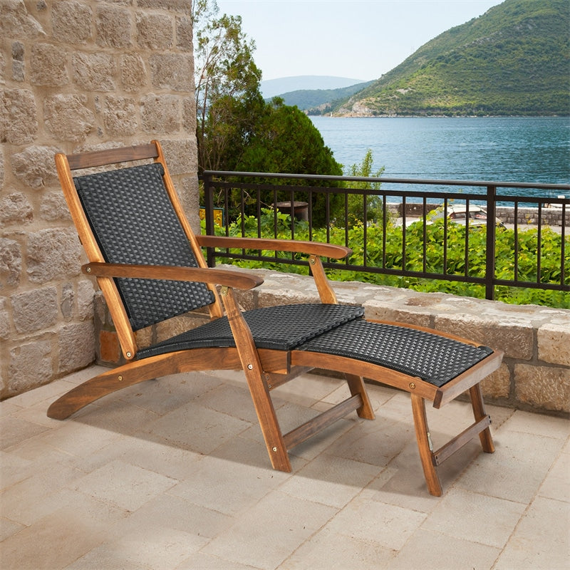 Acacia Wood Rattan Folding Outdoor Chaise Lounge Chair with Retractable Footrest, Pool Lounge Chair Patio Sun Lounger