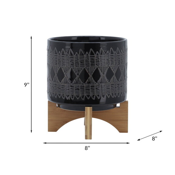 Ceramic 8 Aztec Planter On Wooden Stand  Black B0...