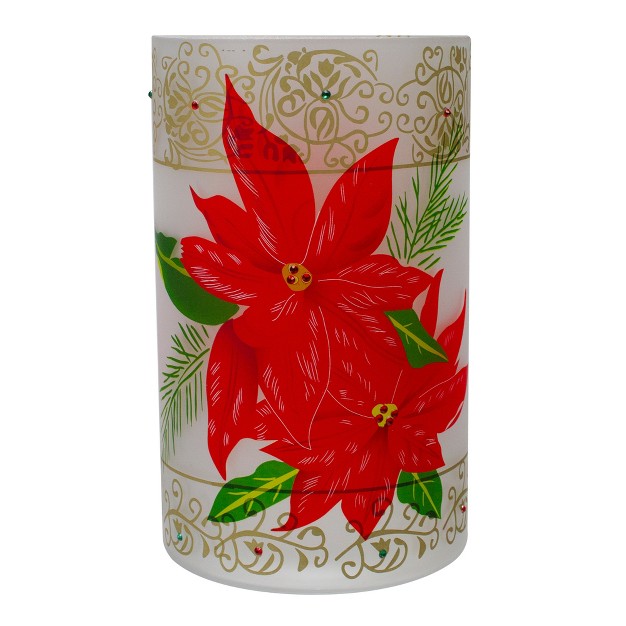 Hand painted Red Poinsettias And Gold Flameless Glass Christmas Candle Holder