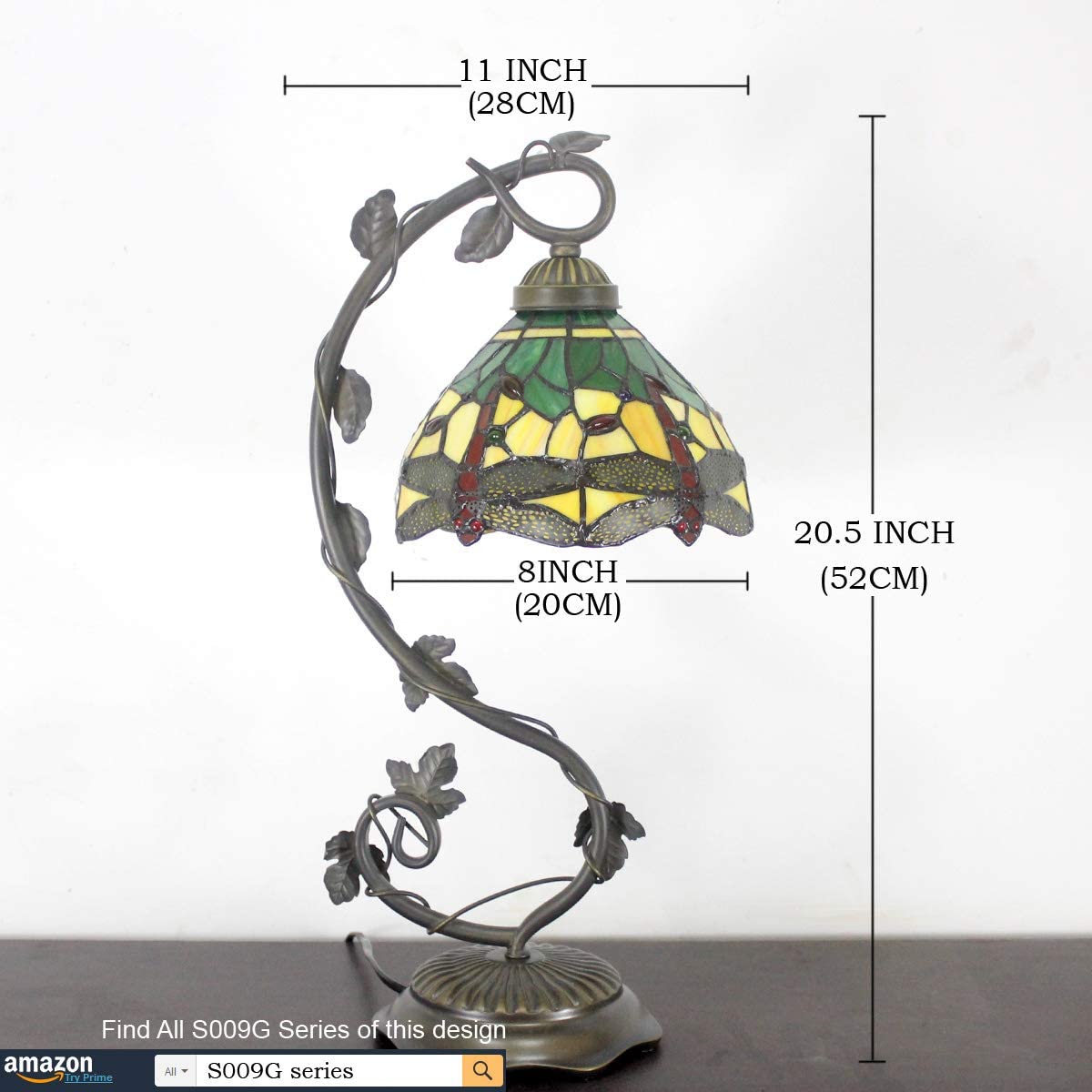 SHADY Tiffany Lamp Green Yellow Stained Glass Dragonfly Style Table Lamp Metal Leaf Base 8X10X21 Inches Desk Light Decor Small Space Bedroom Home Office S009G Series