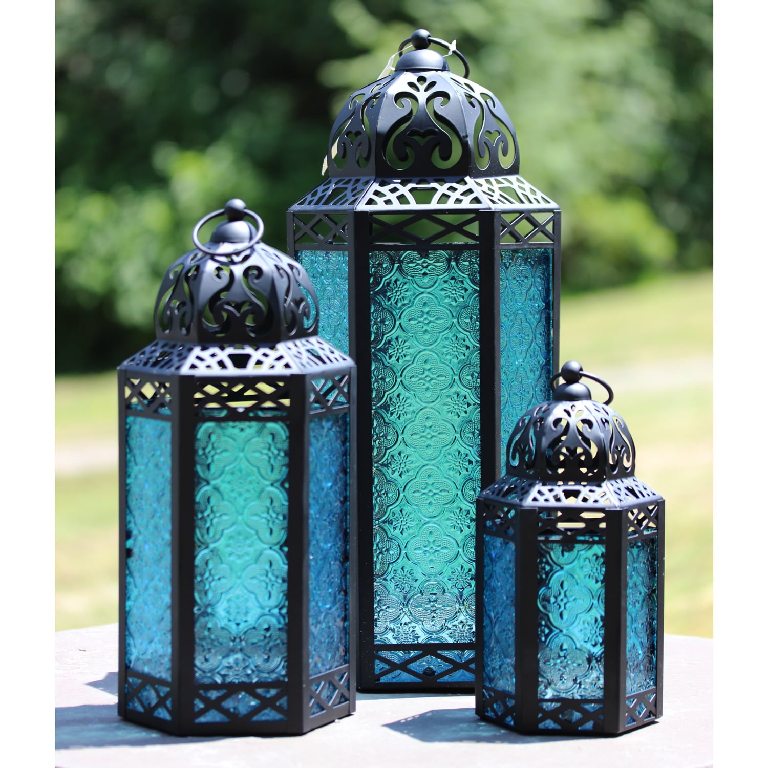 Decorative Candle Lantern Set for Home Decor， Blue Glass